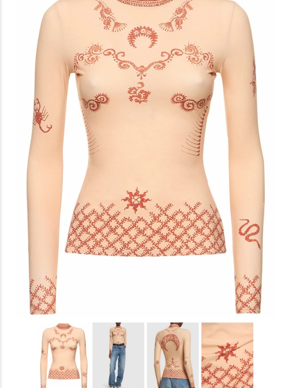 Marine Serre Women's Beige Long-Sleeve Top with Red Ornamental Print